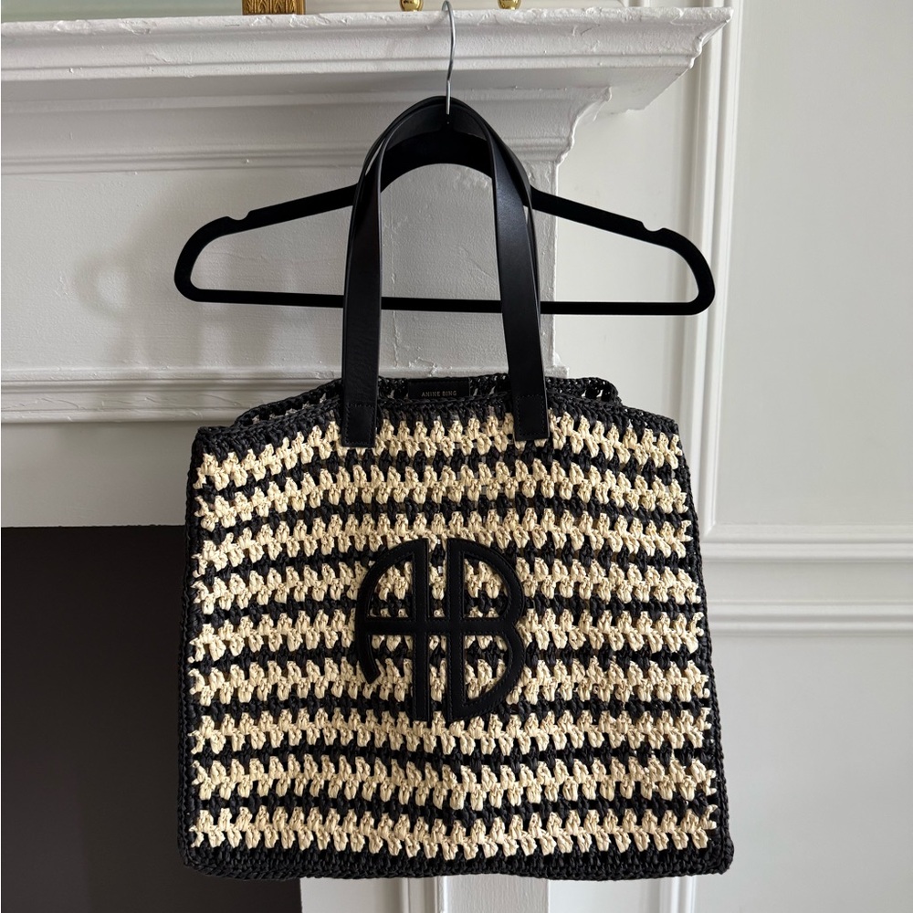 Anine Bing Black and Cream Woven Tote